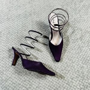 vintage 90s/y2k dark purple funky wrap up top strap pointed toe mule kitten heel